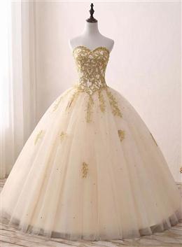 Picture of Pretty Light Champagne Ball Gown Party Dresses, Sweet 16 Dresses with Gold Applique